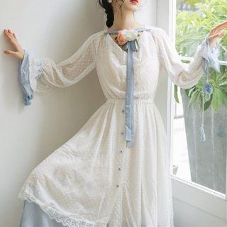 Long-sleeve Flower Dotted Lace Trim Midi A-line Dress