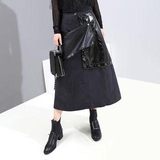 Faux Leather Panel Midi A-line Skirt