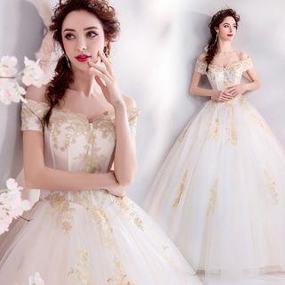 Off-shoulder Floral Embroidered Wedding Ball Gown