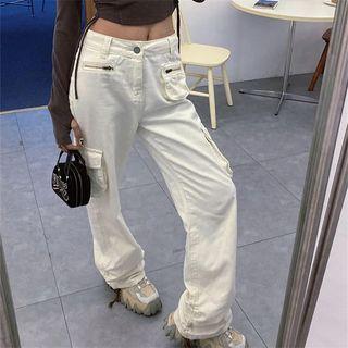 Drawstring Plain Straight Leg Cargo Pants