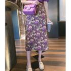 Set: Short-sleeve Tie-back Knit Top + Floral Midi A-line Skirt