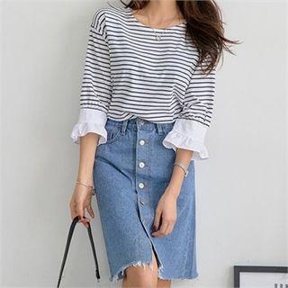 Ruffled Contrast-cuff Stripe T-shirt