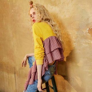 Long-sleeve Gingham Panel Ruffle Top
