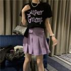 Short-sleeve Lettering T-shirt / Pleated Mini A-line Skirt