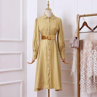 Faux Pearl Belted A-line Midi Shirtdress