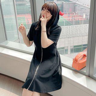 Short-sleeve Hooded Midi A-line Dress