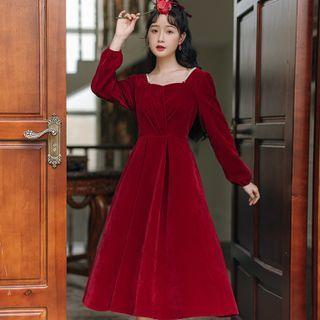 Long-sleeve Beaded Strap Midi A-line Dress