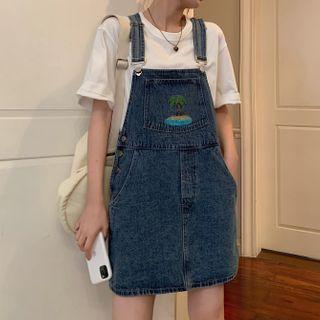 Palm Tree Embroidered Denim Jumper Dress