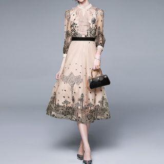 Long-sleeve Embroidered Lace Mock-neck Midi A-line Dress