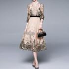 Long-sleeve Embroidered Lace Mock-neck Midi A-line Dress