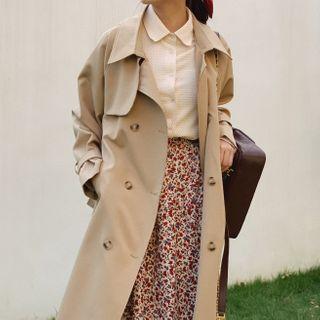Long-sleeve Plain Double Breasted Trench Jacket