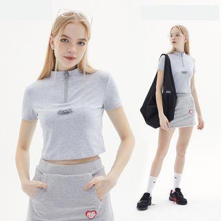 Turtle-neck Zip Collar Lettering Crop Top