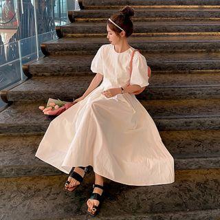 Plain Puff-sleeve Midi A-line Dress