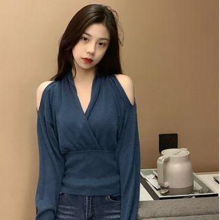 Cold Shoulder Knit Blouse Blue - One Size