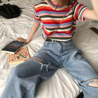 Short-sleeve Rainbow Striped Knit Top As Shown In Figure - One Size