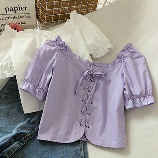 Plain Lace-up Front Puff-sleeve Blouse