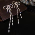 Bow Rhinestone Fringed Earring 1 Pair - Silver Needle - Rhinestone - Transparent - One Size