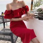 Off-shoulder Ruffled Midi Bodycon Dress