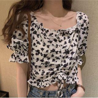 Floral Print Drawstring Short Sleeve Top As Shown In Figure - One Size