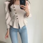 Square-neck Single Breasted Puff-sleeve Blouse Almond - One Size