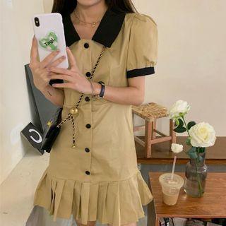 Short-sleeve Plain Shirt Dress Khaki - One Size