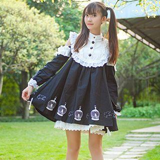 Long-sleeve Shoulder Cut Out Frilled Dress