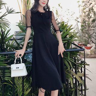 Short-sleeve Dotted Mesh Panel Midi A-line Dress
