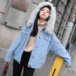 Faux-fur-trimmed Hooded Denim Jacket