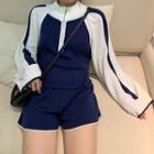 Set: Long-sleeve Color Block Zip Placket Knit Top + Shorts Set - As Shown In Figure - One Size