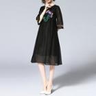 Embroidered Elbow-sleeve Shift Dress