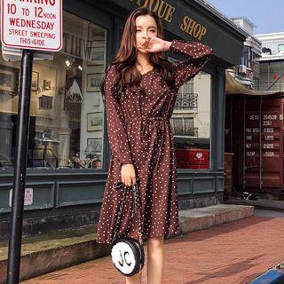 Drawstring-waist Dotted A-line Dress