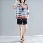 Striped 3/4-sleeve T-shirt As Shown In Figure - One Size