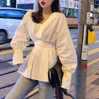 V-neck Frilled Hem Blouse White - One Size