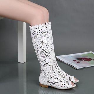 Peep Toe Perforated Tall Boots