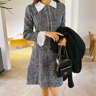 Chiffon-cuff A-line Tweed Dress