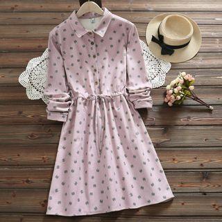 Cat Print Long-sleeve A-line Shirt Dress