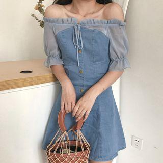 Two-tone Off-shoulder Denim Dress