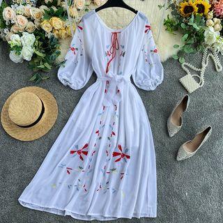 Embroidered Lace-up Chiffon Dress