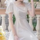 Puff-sleeve Square Neck Maxi A-line Dress / Veil / Set