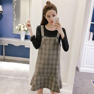 Set: Long-sleeve T-shirt + Plaid Pinafore Dress
