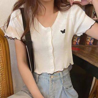 Short-sleeve Butterfly Embroidered Knit Crop Top