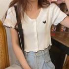 Short-sleeve Butterfly Embroidered Knit Crop Top