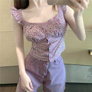 Sleeveless Floral Print Ruffled Top Purple - One Size