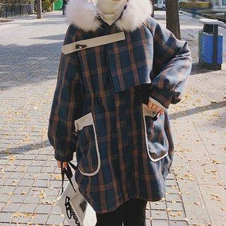 Long-sleeve Furry Trim Plaid Jacket