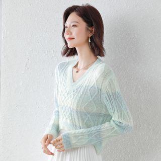 Melange V-neck Cable Knit Sweater