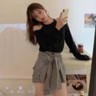 Long-sleeve Cold Shoulder T-shirt / Irregular Plaid Skort