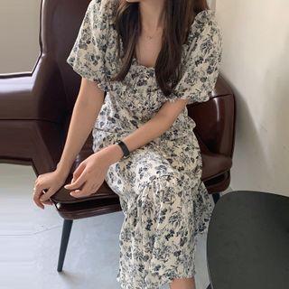 Short-sleeve Flower Print Midi A-line Dress Gray Floral - Off-white - One Size