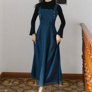 Set: Mock-turtleneck Knit Top + Denim Jumper Dress