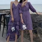 Spaghetti Strap Flora Print Midi Sun Dress / Elbow-sleeve A-line Dress