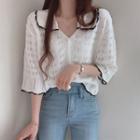 Elbow-sleeve Collared Pointelle Knit Top White - One Size